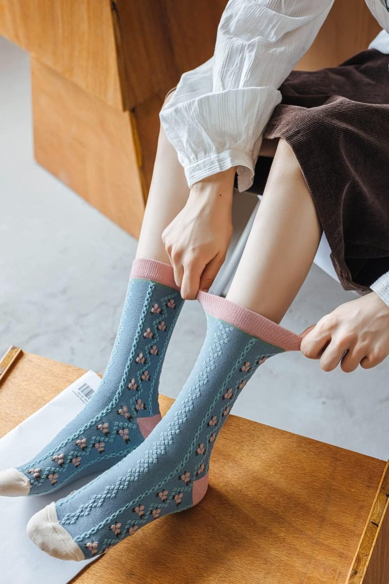 MarJunSep Cute Floral Crew Socks for Women Teen Girls Flower Cottagecore Frilly Vintage Fancy Cotton Socks - Image 4
